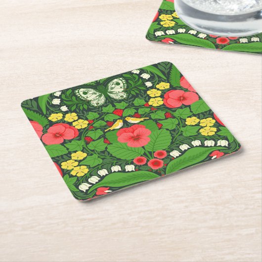 Rode pansies, vogels en vlinders kartonnen onderzetters (Schuin)