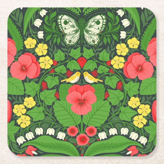 Rode pansies, vogels en vlinders kartonnen onderzetters (Voorkant)