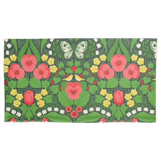 Rode pansies, vogels en vlinders kussensloop (Voorkant-Links)