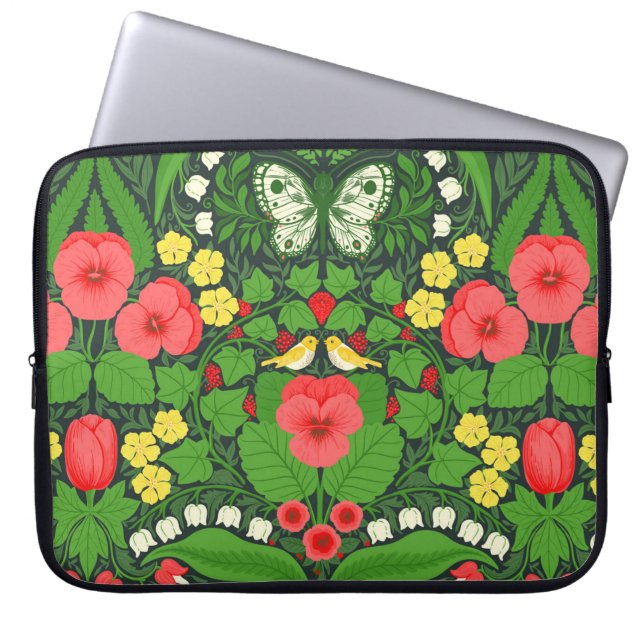 Rode pansies, vogels en vlinders laptop sleeve (Voorkant)