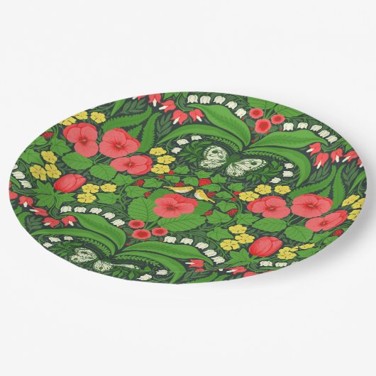 Rode pansies, vogels en vlinders papieren bordje (Gekanteld)