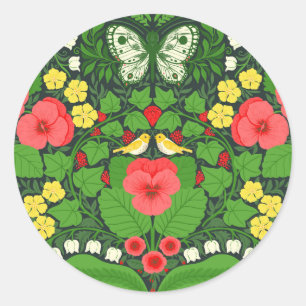 Rode pansies, vogels en vlinders ronde sticker