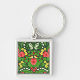 Rode pansies, vogels en vlinders sleutelhanger