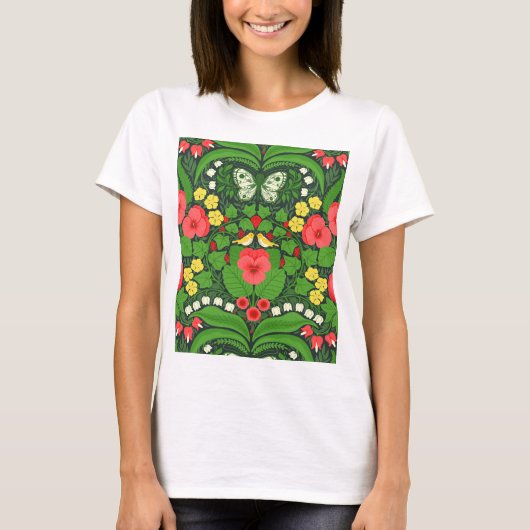 Rode pansies, vogels en vlinders t-shirt (Voorkant)