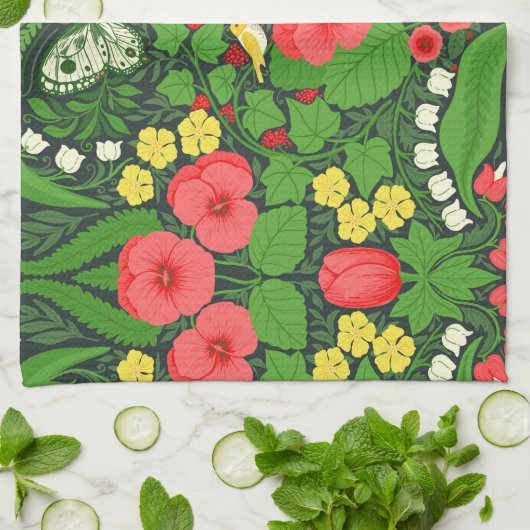 Rode pansies, vogels en vlinders theedoek (Gevouwen)