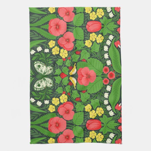 Rode pansies, vogels en vlinders theedoek (Verticaal)