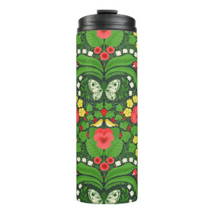 Rode pansies, vogels en vlinders thermosbeker