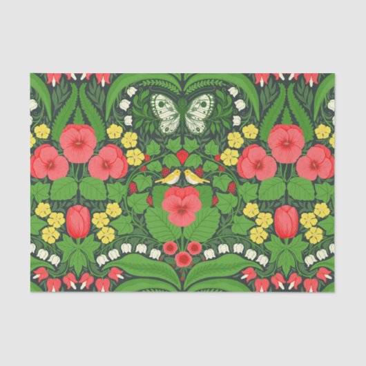 Rode pansies, vogels en vlinders tissuepapier (Voorkant)