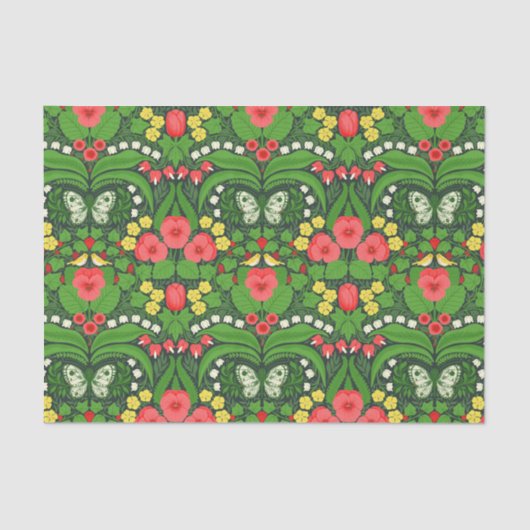 Rode pansies, vogels en vlinders tissuepapier (Voorkant)