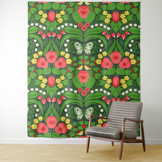 Rode pansies, vogels en vlinders wandkleed (In situ)