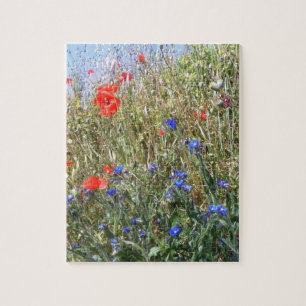 Rode papaver, blauwe bloemen in Frankrijk Legpuzzel