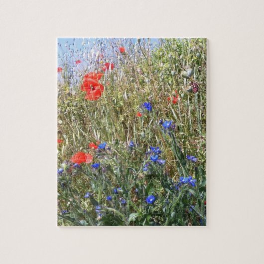 Rode papaver, blauwe bloemen in Frankrijk Legpuzzel (Verticaal)