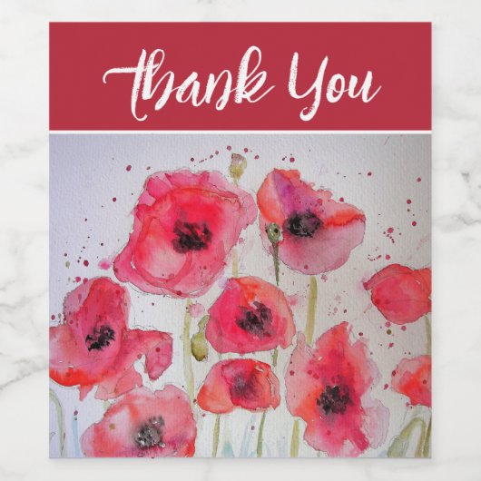Rode papaver bloem Waterverf dank u Wijn Etiket (Enkel label)