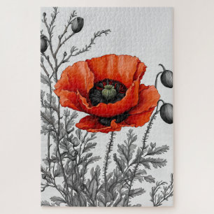 Rode papaver bloemblaadjes bloeien zaadpeulen plan legpuzzel