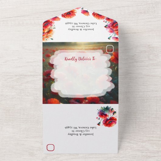 Rode papaver bloemenbruiloft all in one uitnodiging (Buitenkant)