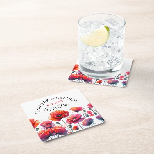 Rode papaver bloemenbruiloft kartonnen onderzetters (Insitu)