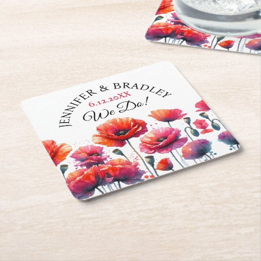Rode papaver bloemenbruiloft kartonnen onderzetters (Schuin)