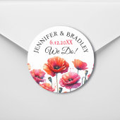 Rode papaver bloemenbruiloft ronde sticker