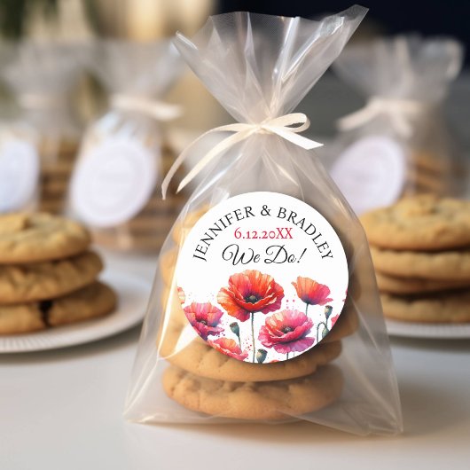 Rode papaver bloemenbruiloft ronde sticker