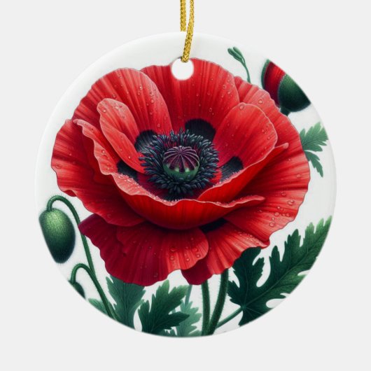 Rode papaver bloemenherinnering keramisch ornament (Voorkant)