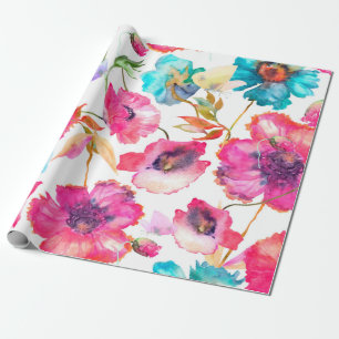 Rode papaver en blauwe bloemen met vlinders, wat cadeaupapier