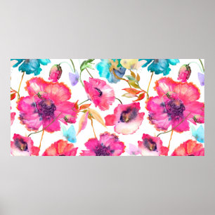 Rode papaver en blauwe bloemen met vlinders, wat poster