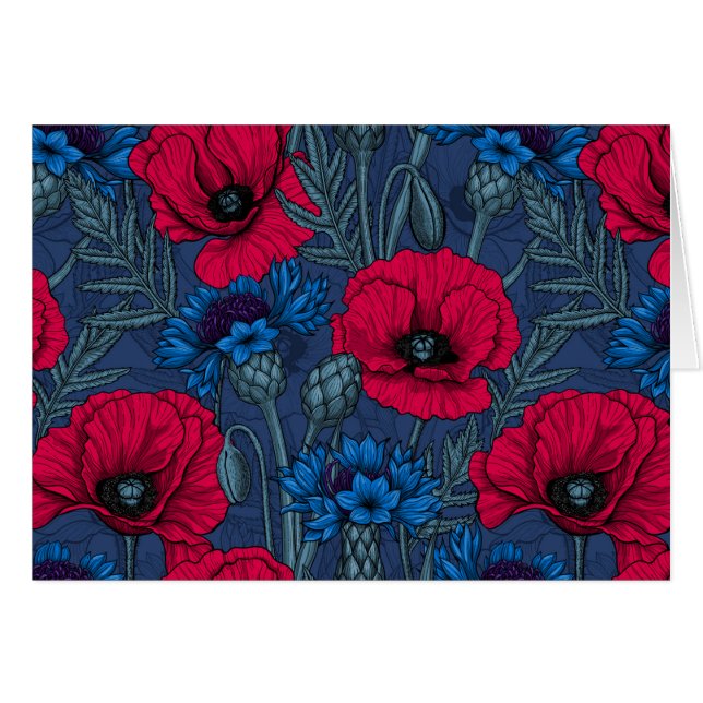 Rode papaver en blauwe cornbloemen op blauw (Voorkant Horizontaal)