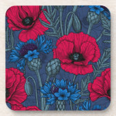 Rode papaver en blauwe cornbloemen op blauw bier onderzetter (Voorkant)