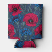 Rode papaver en blauwe cornbloemen op blauw blikjeskoeler (Voorkant)