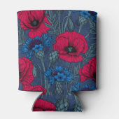 Rode papaver en blauwe cornbloemen op blauw blikjeskoeler (Achterkant)