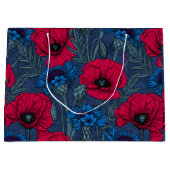Rode papaver en blauwe cornbloemen op blauw groot cadeauzakje (Voorkant)