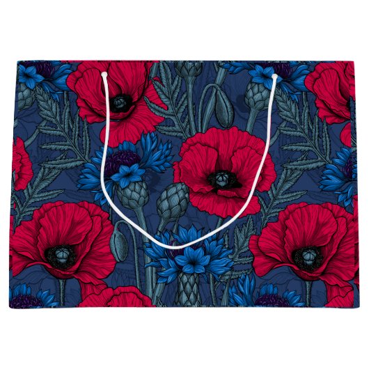 Rode papaver en blauwe cornbloemen op blauw groot cadeauzakje (Voorkant)