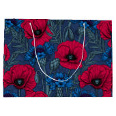 Rode papaver en blauwe cornbloemen op blauw groot cadeauzakje (Achterkant)