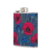 Rode papaver en blauwe cornbloemen op blauw heupfles (Links)