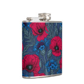 Rode papaver en blauwe cornbloemen op blauw heupfles (Rechts)