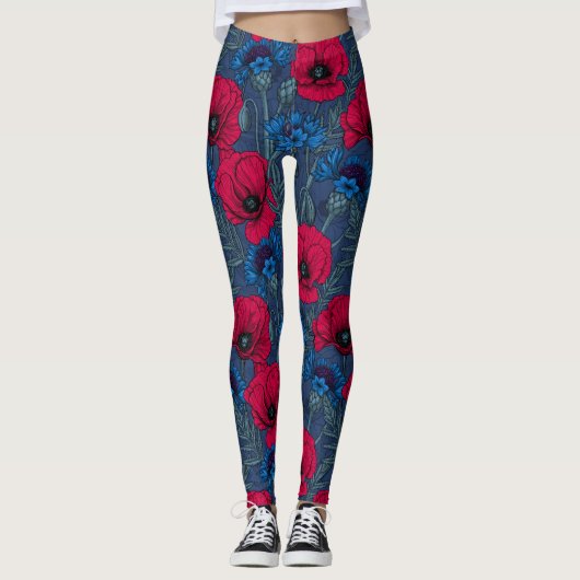 Rode papaver en blauwe cornbloemen op blauw leggings (Voorkant)