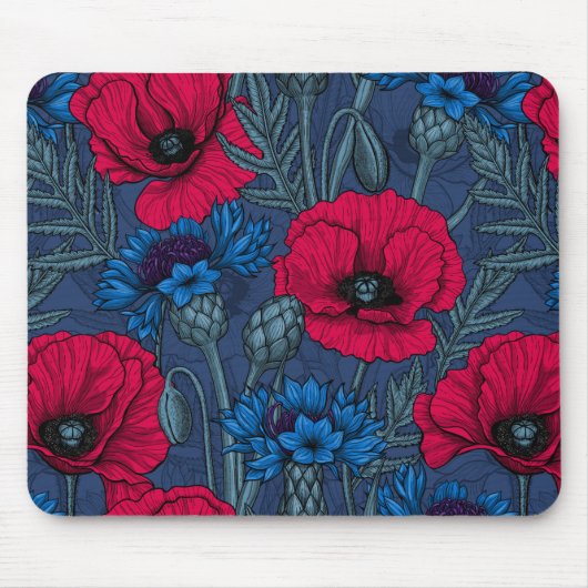Rode papaver en blauwe cornbloemen op blauw muismat (Voorkant)