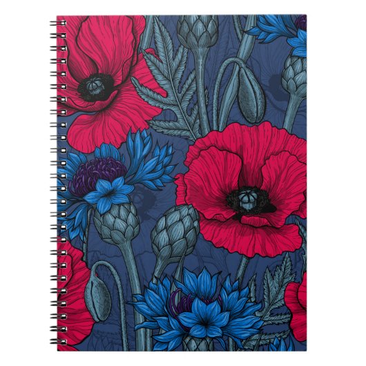 Rode papaver en blauwe cornbloemen op blauw notitieboek (Voorkant)