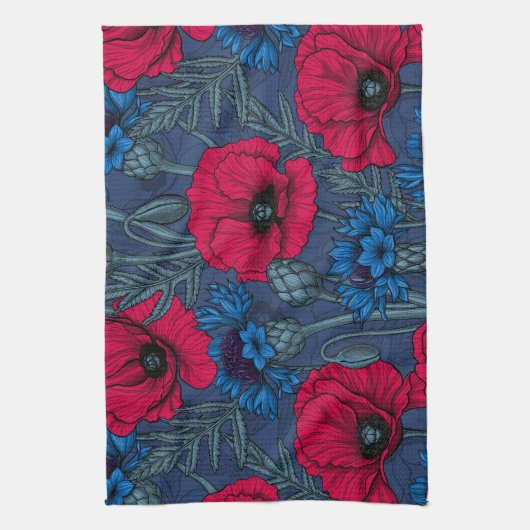 Rode papaver en blauwe cornbloemen op blauw theedoek (Verticaal)