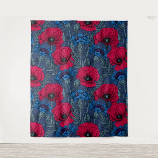 Rode papaver en blauwe cornbloemen op blauw wandkleed (Voorkant)
