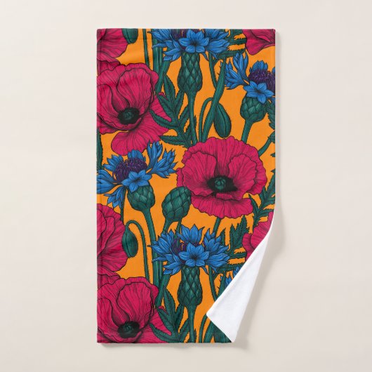 Rode papaver en blauwe cornbloemen op sinaasappel bad handdoek (Handdoek)