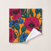 Rode papaver en blauwe cornbloemen op sinaasappel bad handdoek (Wasdoekje)