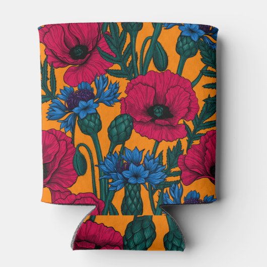 Rode papaver en blauwe cornbloemen op sinaasappel blikjeskoeler (Achterkant)