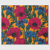Rode papaver en blauwe cornbloemen op sinaasappel cadeaupapier (Vlak)
