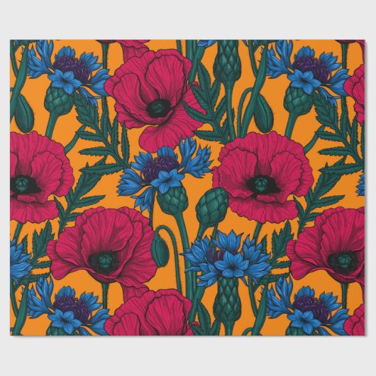 Rode papaver en blauwe cornbloemen op sinaasappel cadeaupapier (Vlak)