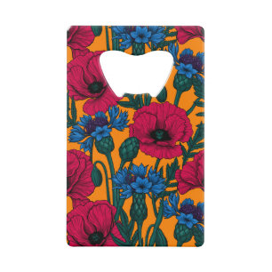 Rode papaver en blauwe cornbloemen op sinaasappel creditkaart flessenopener
