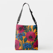 Rode papaver en blauwe cornbloemen op sinaasappel crossbody tas (Achterkant)