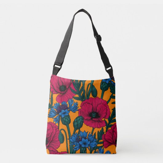 Rode papaver en blauwe cornbloemen op sinaasappel crossbody tas (Voorkant)