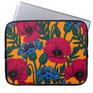 Rode papaver en blauwe cornbloemen op sinaasappel laptop sleeve