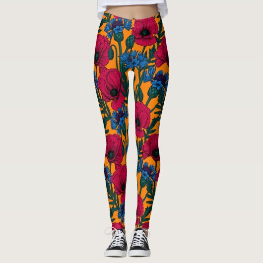 Rode papaver en blauwe cornbloemen op sinaasappel leggings (Voorkant)